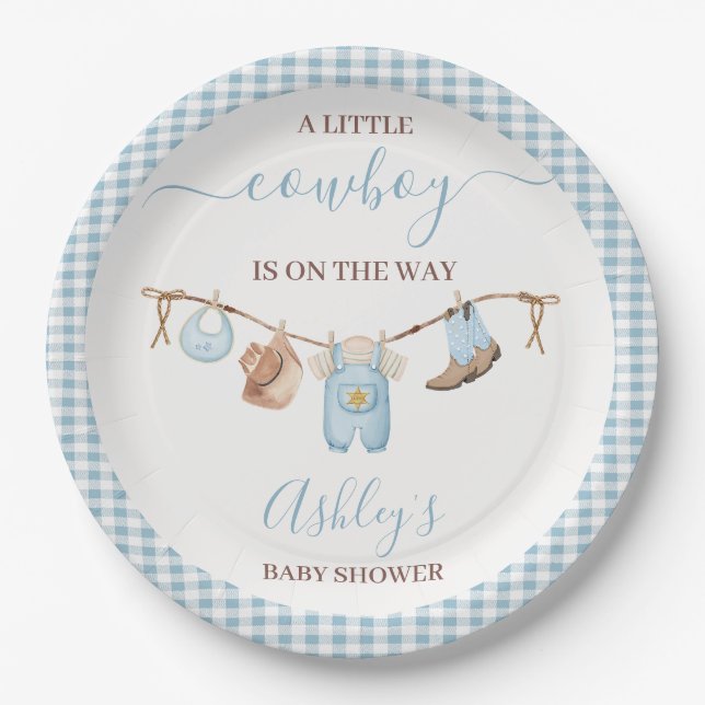 Brown Blue Cothesline Cowboy Baby Shower  Paper Plates (Front)