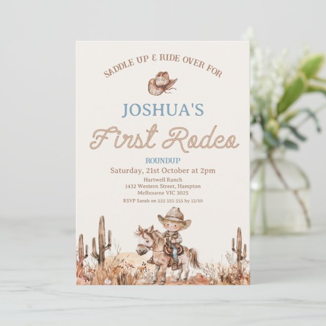 Brown Blue Cowbot First Rodeo 1st Birthday Invitation (Standing Front)