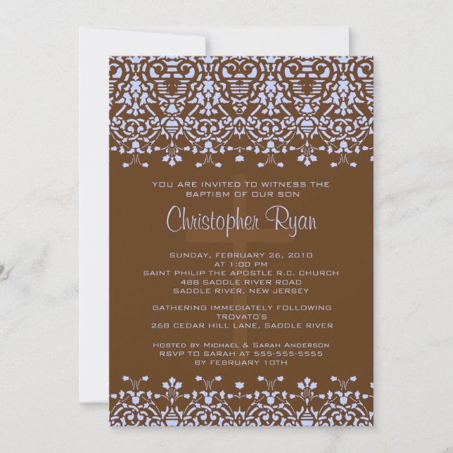 Brown & Blue Damask Baptism Invitation (Front)