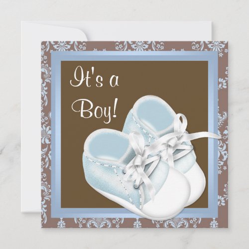 Brown Blue Damask Shoes Baby Boy Shower Invitation