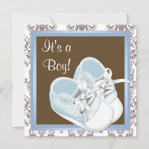 Brown Blue Damask Shoes Baby Boy Shower Custom Invitation