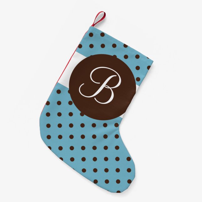 Brown blue dots monogram Christmas stocking (Front (Hanging))
