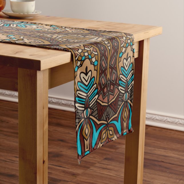 Brown blue ethnic pattern short table runner (In Situ)