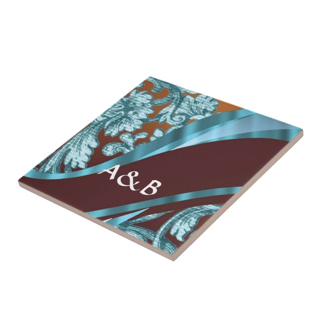 Brown & blue floral damask pattern ceramic tile (Side)