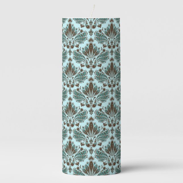 Brown & Blue Floral Damasks Pattern Flameless Cand Pillar Candle (Front)