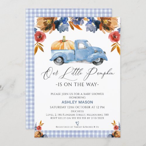 Brown Blue Floral Little Pumpkin Truck Baby Shower Invitation