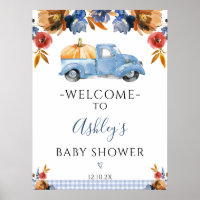 Brown Blue Floral Little Pumpkin Truck Baby Shower Poster