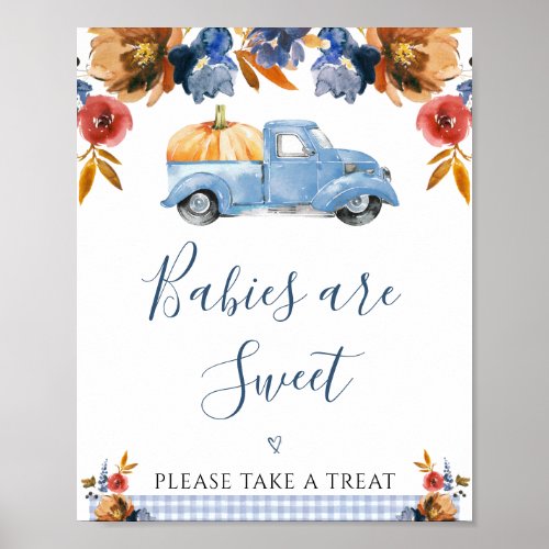 Brown Blue Floral Little Pumpkin Truck Baby Shower Poster