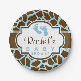 Brown, Blue Giraffe Animal Print Baby Shower Paper Plates