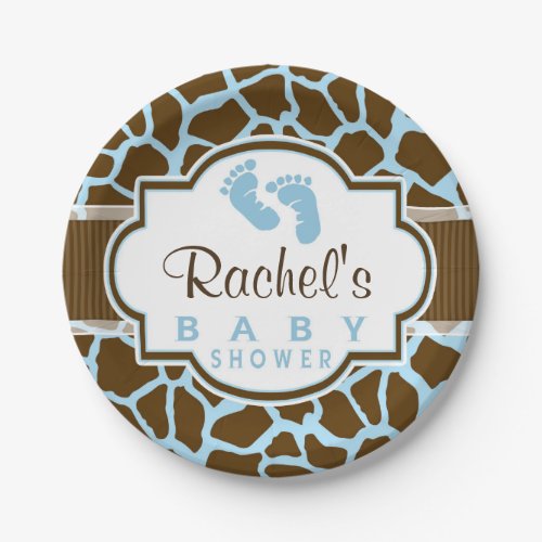Brown Blue Giraffe Animal Print Baby Shower Paper Plates