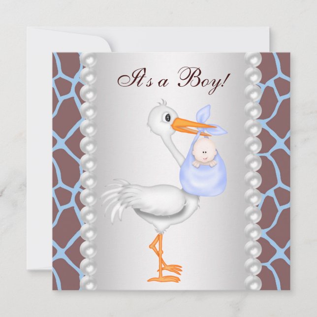 Brown Blue Giraffe Stork Baby Boy Shower Invitation (Front)