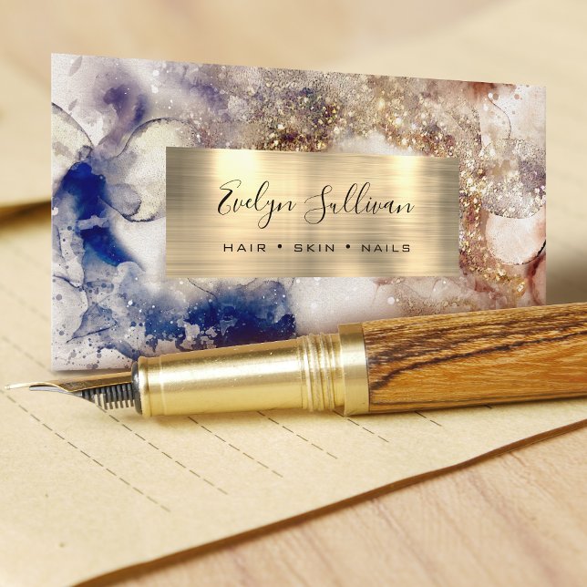 Brown Blue Glitter Watercolor Gold Foil Business Card (Creator Uploaded)