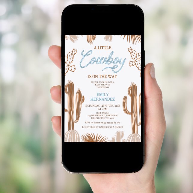 Brown Blue Little Cowboy On The Way Baby Shower  Invitation (Front Digital)