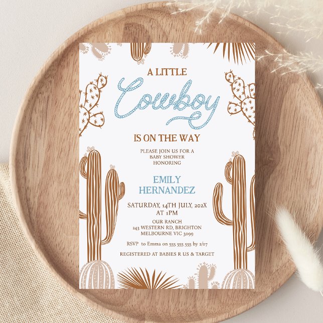 Brown Blue Little Cowboy On The Way Baby Shower  Invitation (A Little Cowboy Is On The Way Baby Shower Invitation, Western Baby Shower Wild West Southern Country)