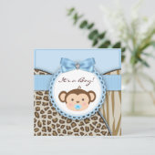 Brown Blue Monkey Baby Boy Shower Invitation (Standing Front)