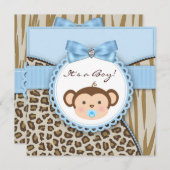 Brown Blue Monkey Baby Boy Shower Invitation (Front/Back)