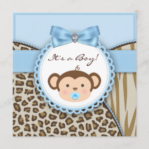 Brown Blue Monkey Baby Boy Shower Invitation