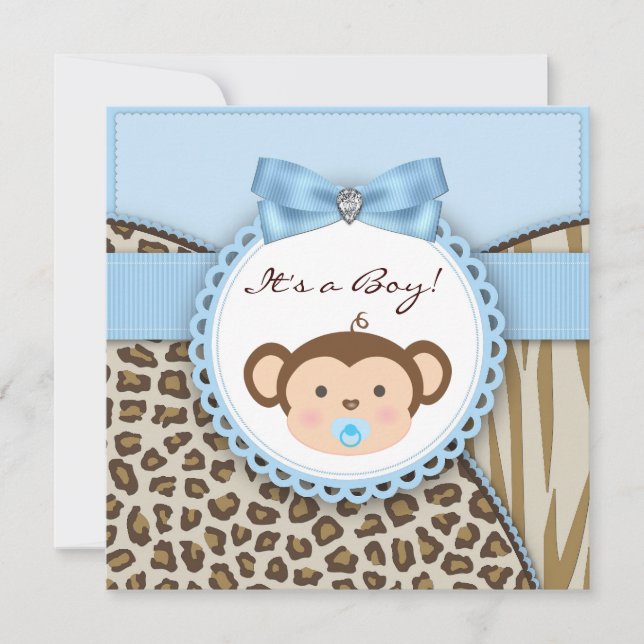 Brown Blue Monkey Baby Boy Shower Invitation (Front)