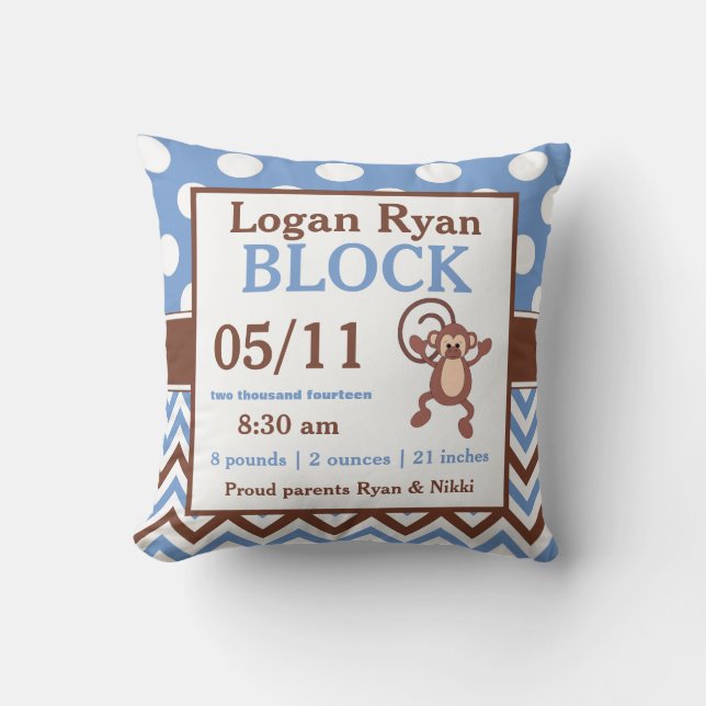 Brown Blue Monkey Personalized Baby Announcement Throw Pillow (Front)
