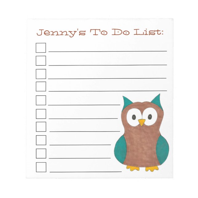 Brown Blue Owl Bird Personalized To Do List Notepad (Front)