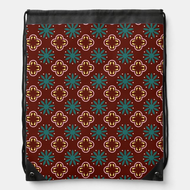 Brown Blue Pattern Drawstring Bag (Front)