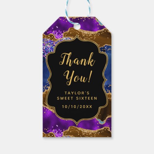 Brown Blue Peacock Agate Sweet Sixteen Thank You Gift Tags
