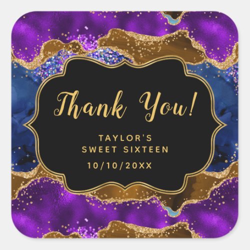 Brown Blue Peacock Agate Sweet Sixteen Thank You Square Sticker