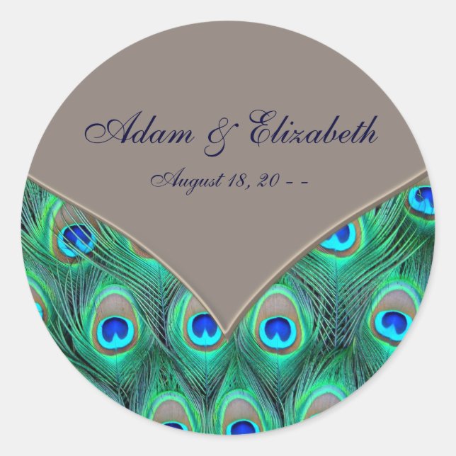 Brown Blue Peacock Wedding Favor Label (Front)
