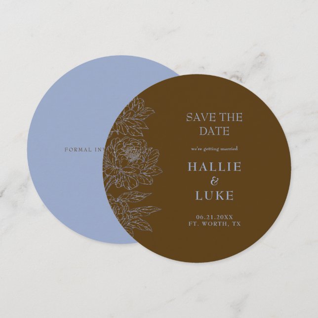 Brown & Blue Peony Wedding Round Save the Date Invitation (Front/Back)