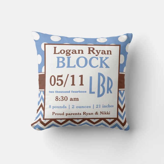 Brown Blue Personalized Baby Announcement Pillow (Front)