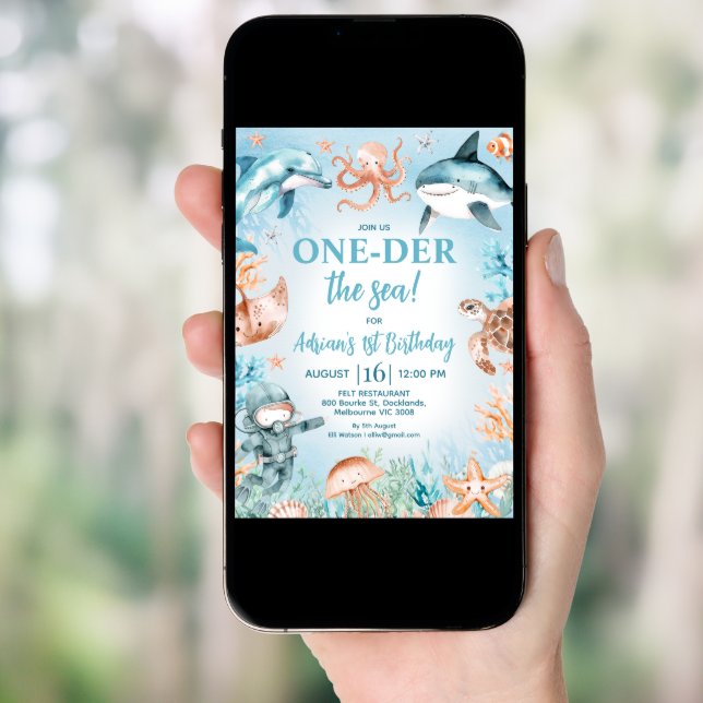 Brown Blue Photo Oneder the Sea 1st Birthday Invitation (Front Digital)