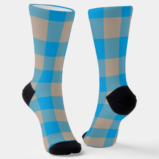 Brown Blue Plaid Checker Pattern Socks (Angled)