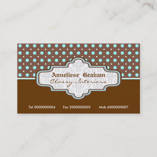 Brown blue polka dot interiors business cards (Front)