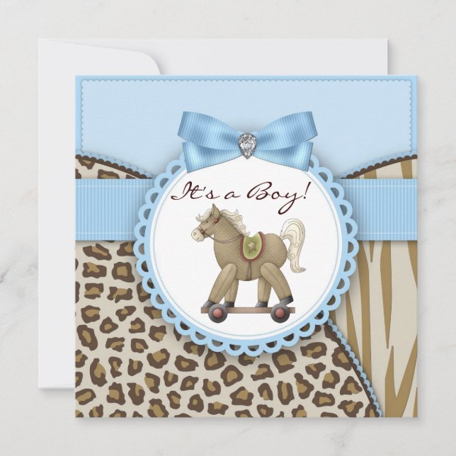 Brown Blue Rocking Horse Baby Boy Shower Invitation (Front)