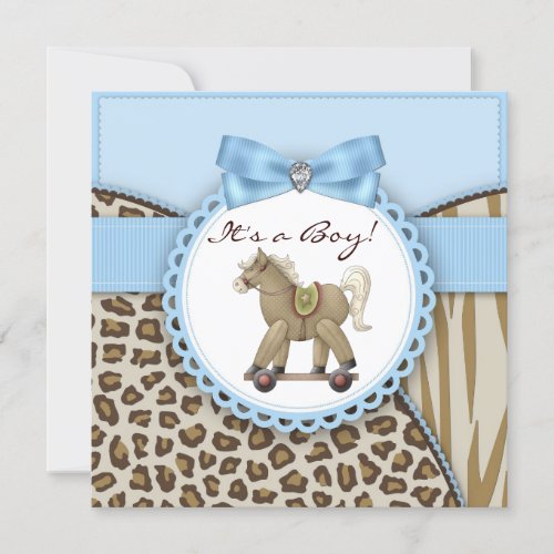 Brown Blue Rocking Horse Baby Boy Shower Personalized Invitation