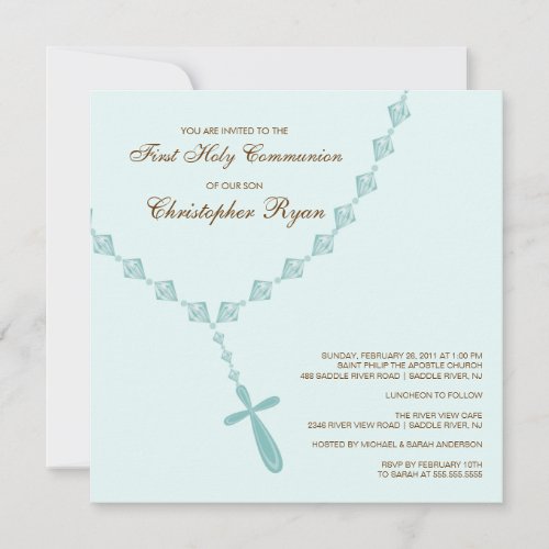 Brown Blue Rosary First Holy Communion Invitation