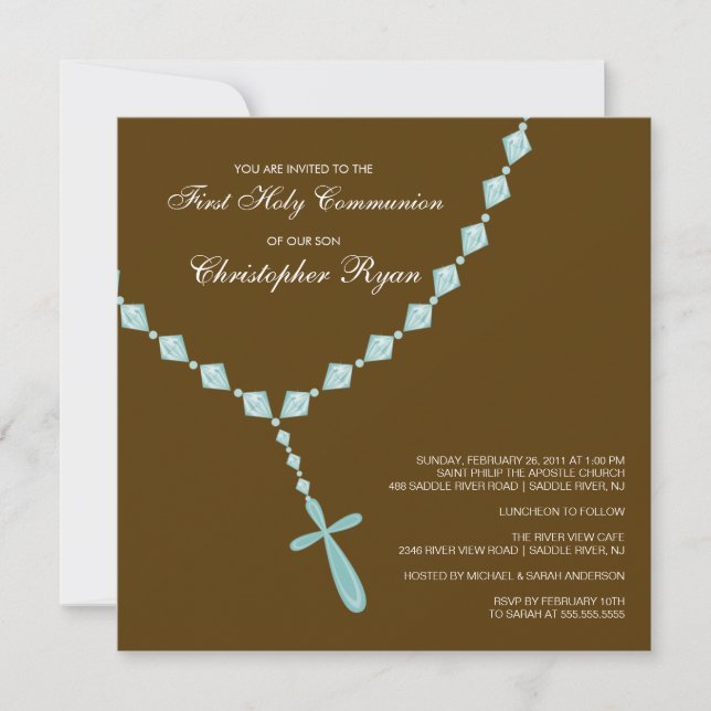 Brown Blue Rosary First Holy Communion Invitation (Front)