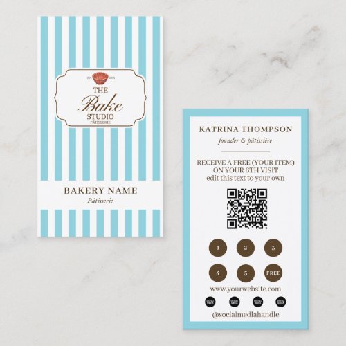 Brown Blue Stripes Bakery Logo Loyalty Punch Business Card