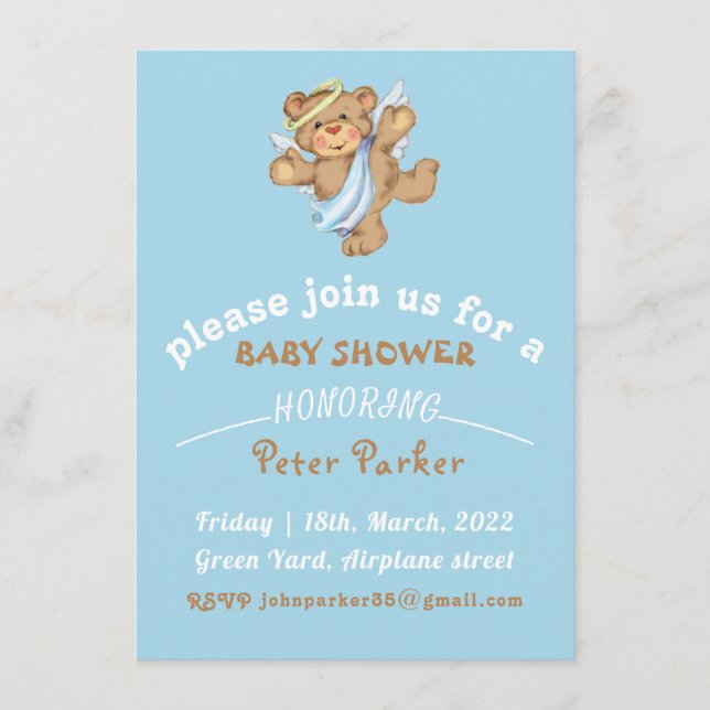 brown blue teddy bear Baby Shower invitation (Front)