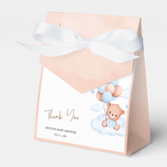 Brown Blue Teddy Bear Balloons Baby Favor Boxes (Front Side)