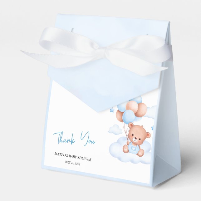 Brown Blue Teddy Bear Balloons Baby Favor Boxes (Front Side)