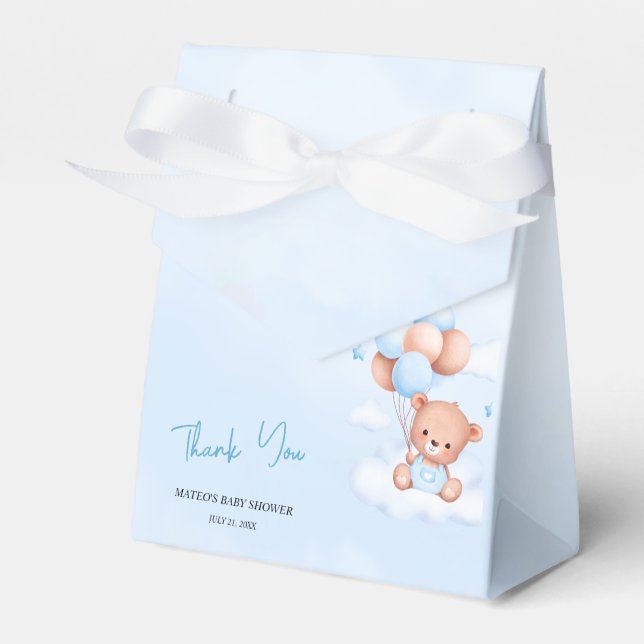 Brown Blue Teddy Bear Balloons Baby Favor Boxes (Front Side)