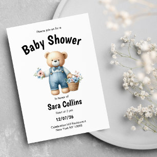 Brown blue teddy bear pink flowers Baby Shower Invitation
