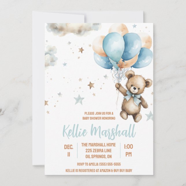 Brown & Blue Teddy Bear with Balloons Baby Shower Invitation (Front)
