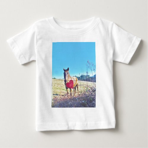 Brown Blue tinted Horse Red Heart Baby T_Shirt