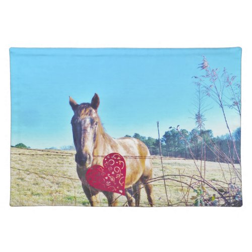 Brown Blue tinted Horse Red Heart Cloth Placemat