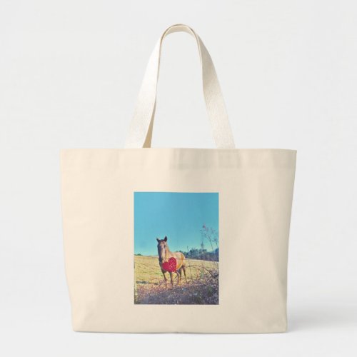 Brown Blue tinted Horse Red Heart Large Tote Bag