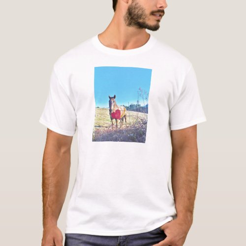 Brown Blue tinted Horse Red Heart T_Shirt