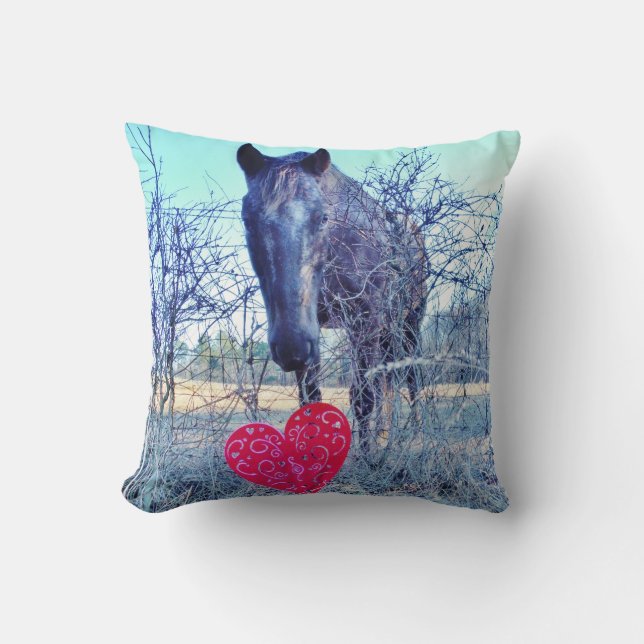 Brown Blue tinted Horse Red Heart Throw Pillow (Front)