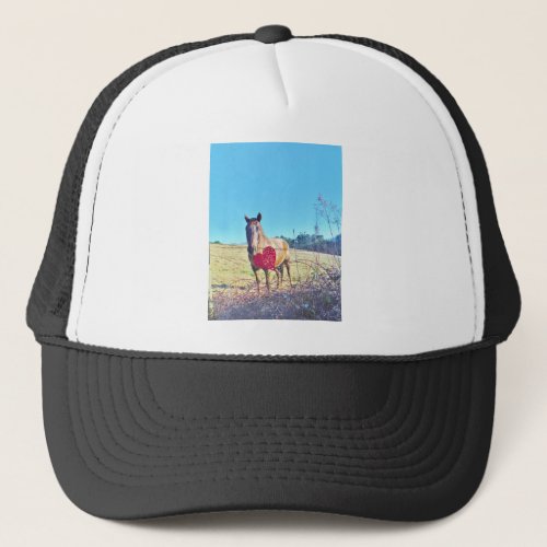Brown Blue tinted Horse Red Heart Trucker Hat